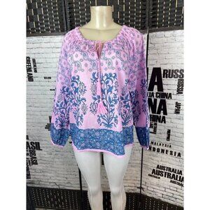 Cynthia Rowley M Pink Woven Floral Print Cotton Tie Tassel Neck Long Sleeve Top